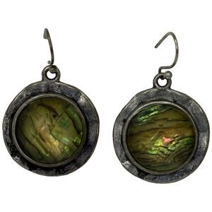 Vintage Silver Tone Green Foil Metallic Dangle Drop Earrings 1" Pierced